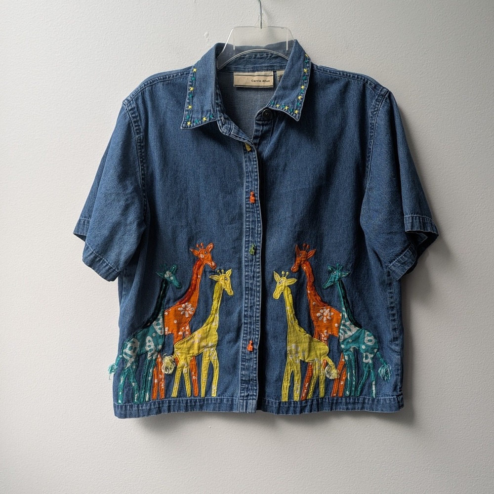 Vtg 90s Denim Shirt Blue Orange Giraffe Applique Embroidered Sz L Art Teacher